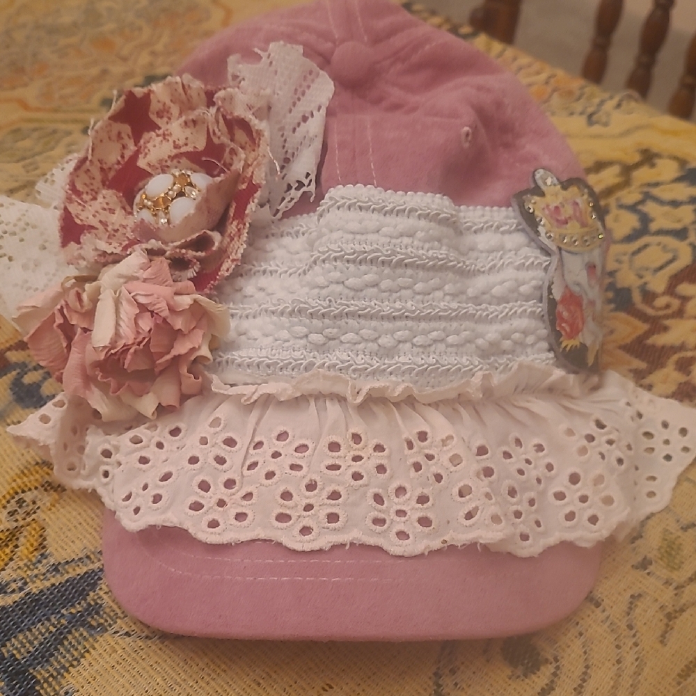 Romantic Pink and White Lace Baseball Cap with Ruffled Flower